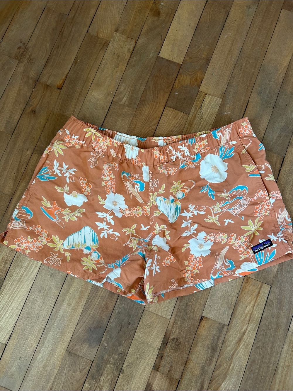 Patagonia Women's Terracotta Floral Swim Shorts with Teal & White Accents